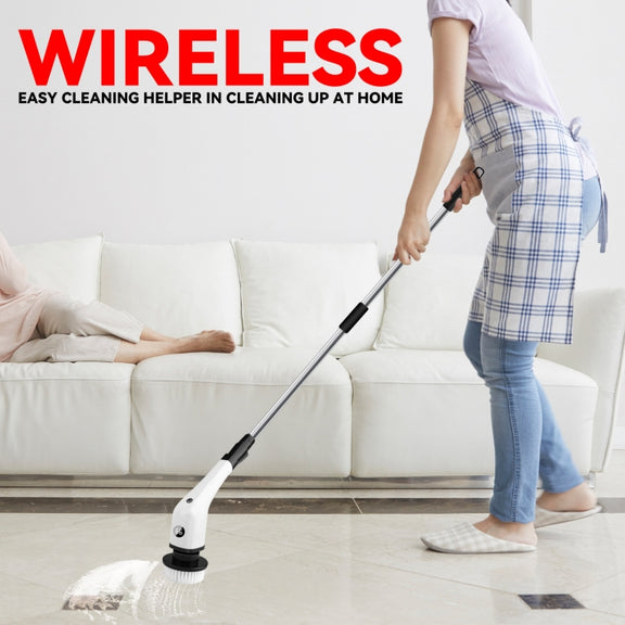 Cordless Electric Spin Scrubber Extension Handle with 7 Replacement Heads(Black)