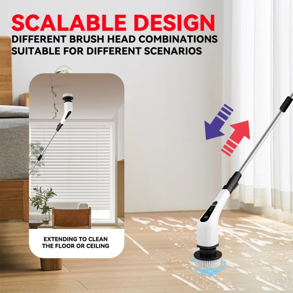 Cordless Electric Spin Scrubber Extension Handle with 7 Replacement Heads(White)