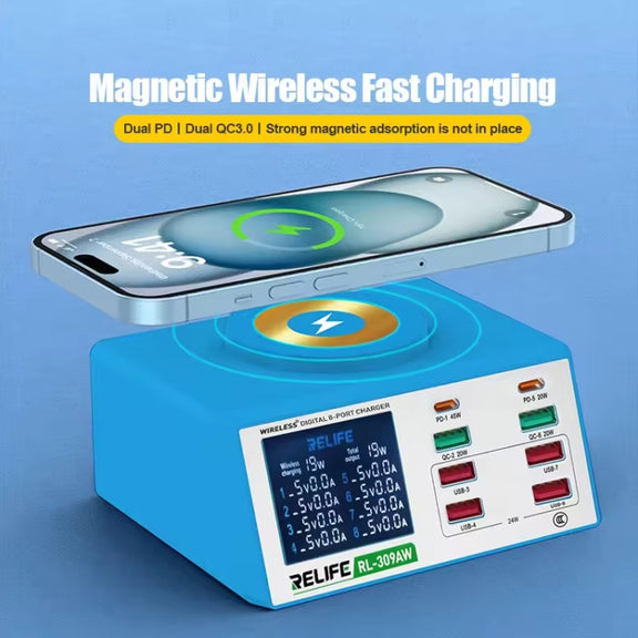 RELIFE RL-309AW  QC3.0 PD Fast Wireless Charger With LCD Display 8 Ports(US Plug)