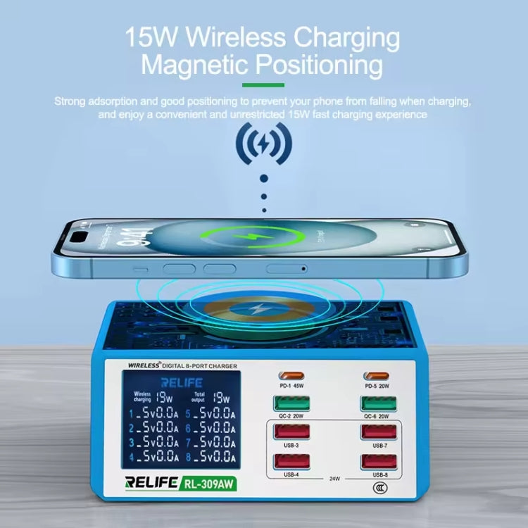 RELIFE RL-309AW  QC3.0 PD Fast Wireless Charger With LCD Display 8 Ports(US Plug)