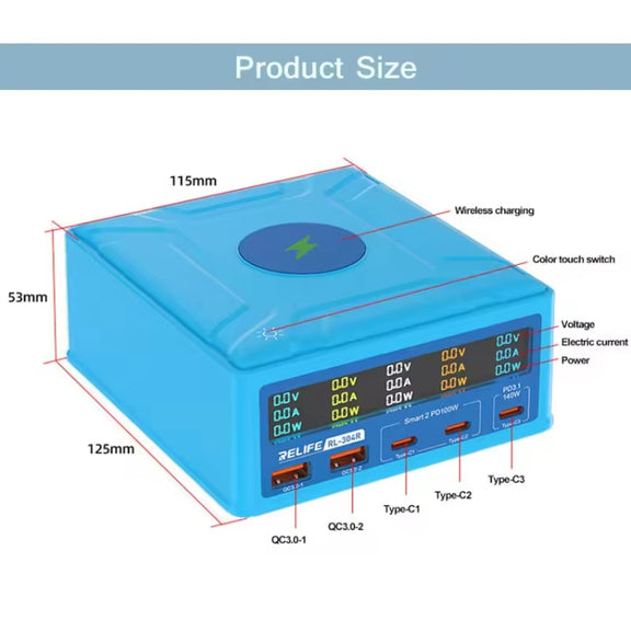RELIFE RL-304R 5-Port 260W GaN Smart USB Fast Charger With 15W Wireless Chargind LCD Display(US Plug)