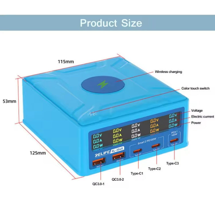RELIFE RL-304R 5-Port 260W GaN Smart USB Fast Charger With 15W Wireless Chargind LCD Display(US Plug)