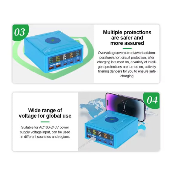 RELIFE RL-304R 5-Port 260W GaN Smart USB Fast Charger With 15W Wireless Chargind LCD Display(US Plug)