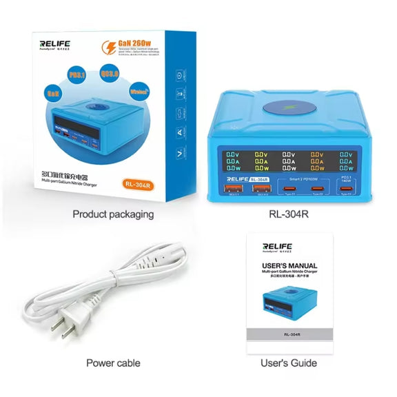 RELIFE RL-304R 5-Port 260W GaN Smart USB Fast Charger With 15W Wireless Chargind LCD Display(US Plug)