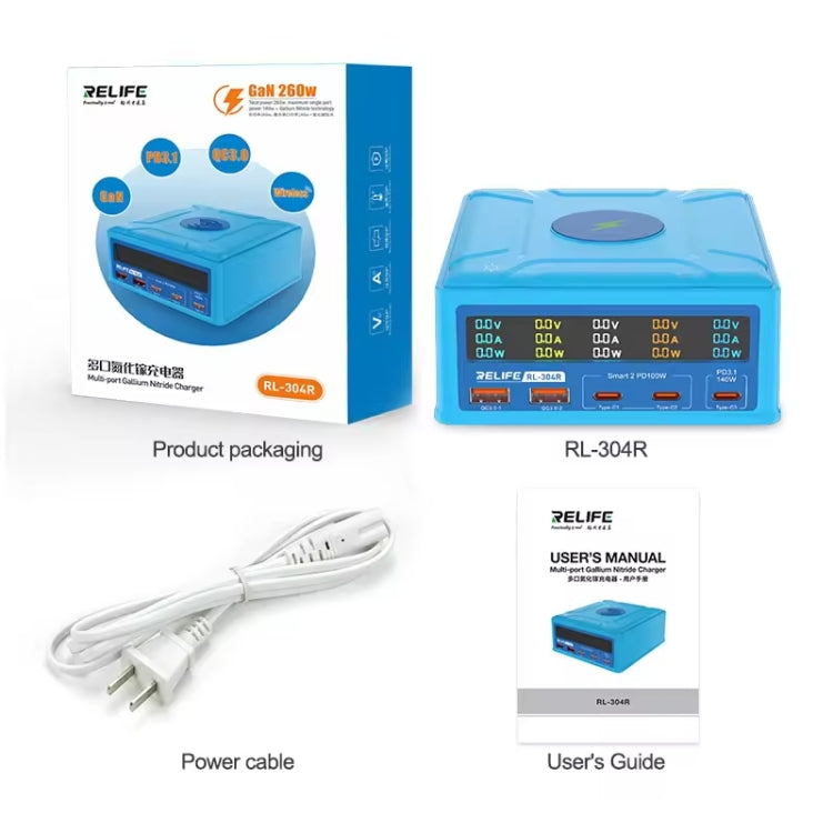 RELIFE RL-304R 5-Port 260W GaN Smart USB Fast Charger With 15W Wireless Chargind LCD Display(US Plug)