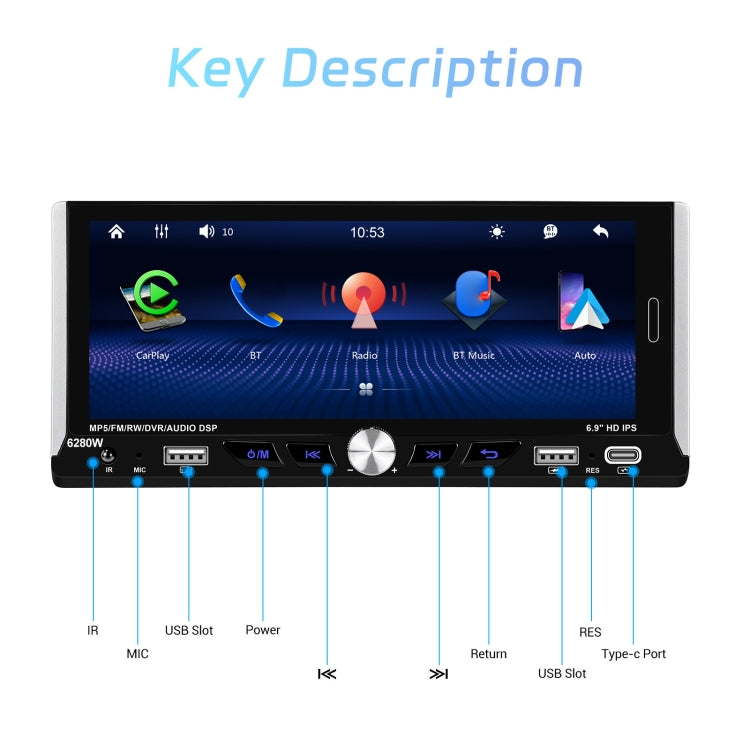 Single Spindle 6.9 inch MP5 With Knob Player Carplay Function Car MP4 Backup Camera, Specification: Standard+12 Light Camera
