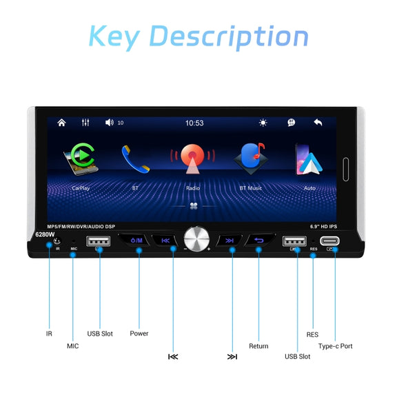 Single Spindle 6.9 inch MP5 With Knob Player Carplay Function Car MP4 Backup Camera, Specification: Standard+12 Light Camera