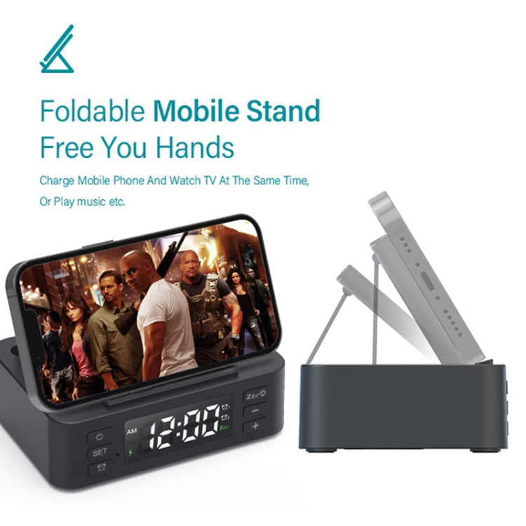 Wireless Charger Alarm Clock Foldable Mobile Stand With Pen Holder & Dual USB +1 Type-C Output(Black)