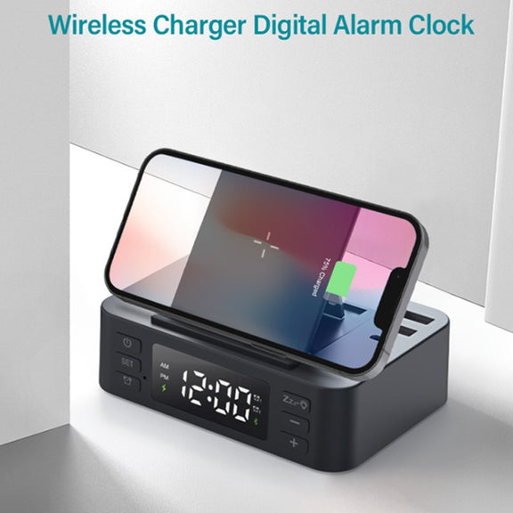 Wireless Charger Alarm Clock Foldable Mobile Stand With Pen Holder & Dual USB +1 Type-C Output(Black)