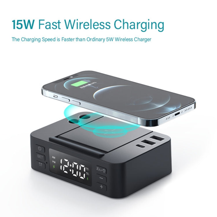 Wireless Charger Alarm Clock Foldable Mobile Stand With Pen Holder & Dual USB +1 Type-C Output(Black)