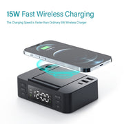 Wireless Charger Alarm Clock Foldable Mobile Stand With Pen Holder & Dual USB +1 Type-C Output(Black)