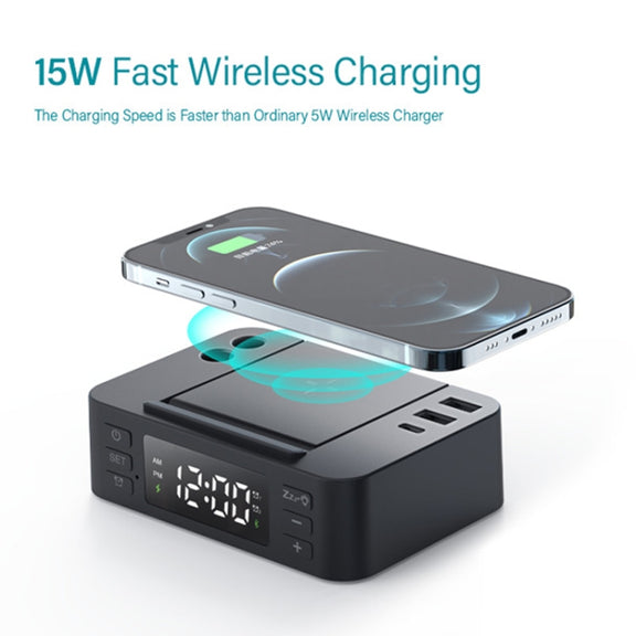 Wireless Charger Alarm Clock Foldable Mobile Stand With Pen Holder & Dual USB +1 Type-C Output(Black)