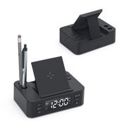 Wireless Charger Alarm Clock Foldable Mobile Stand With Pen Holder & Dual USB +1 Type-C Output(Black)