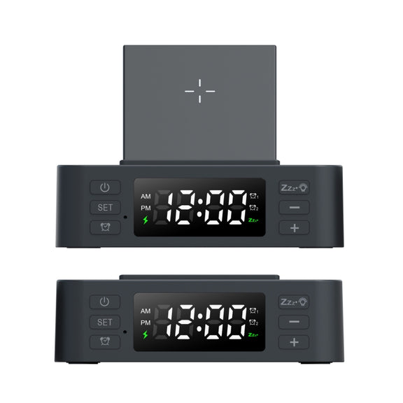 Wireless Charger Alarm Clock Foldable Mobile Stand With Pen Holder & Dual USB +1 Type-C Output(Black)