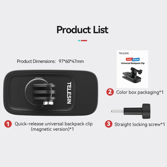 TELESIN Quick Release Universal Backpack Clip Magnetic Backpack Mounting Bracket