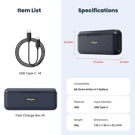 For DJI Action 4 / 3 aMagisn Fast Charge Charging Box Charger Sports Camera Accessories
