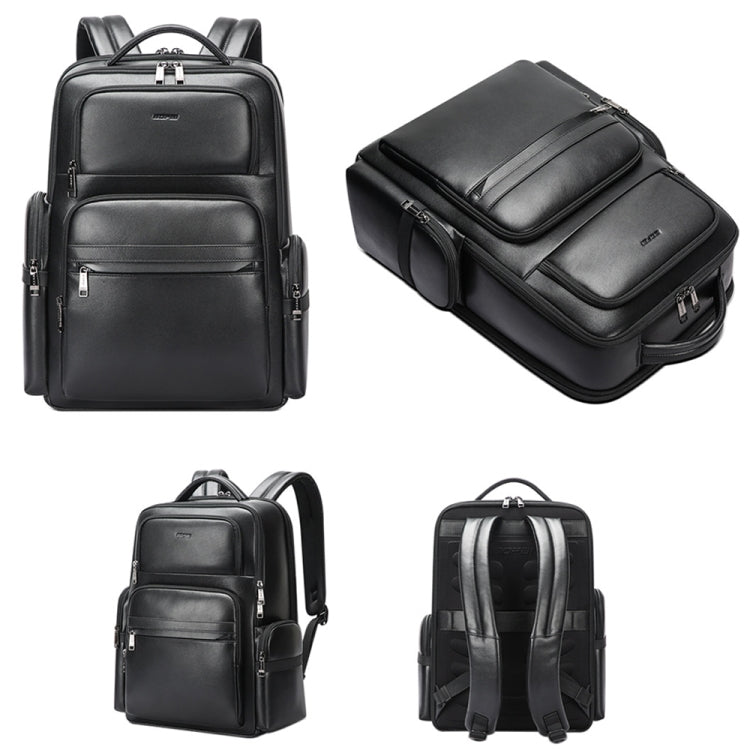 Bopai 61-98611 Large-capacity Water-resistant First-layer Cowhide Laptop Backpack With USB+Type-C Port(Black)