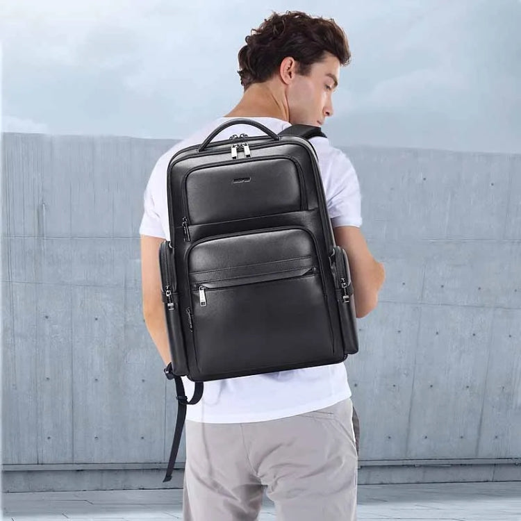 Bopai 61-98611 Large-capacity Water-resistant First-layer Cowhide Laptop Backpack With USB+Type-C Port(Black)