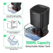 1L 36W Air Dehumidifier for Home Damp Drying Clothes with 7 colors Light EU Plug(White)