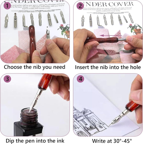 9 Calligraphy Nibs+ Dip Pen Set For Cartoon Sketching Art Drawing