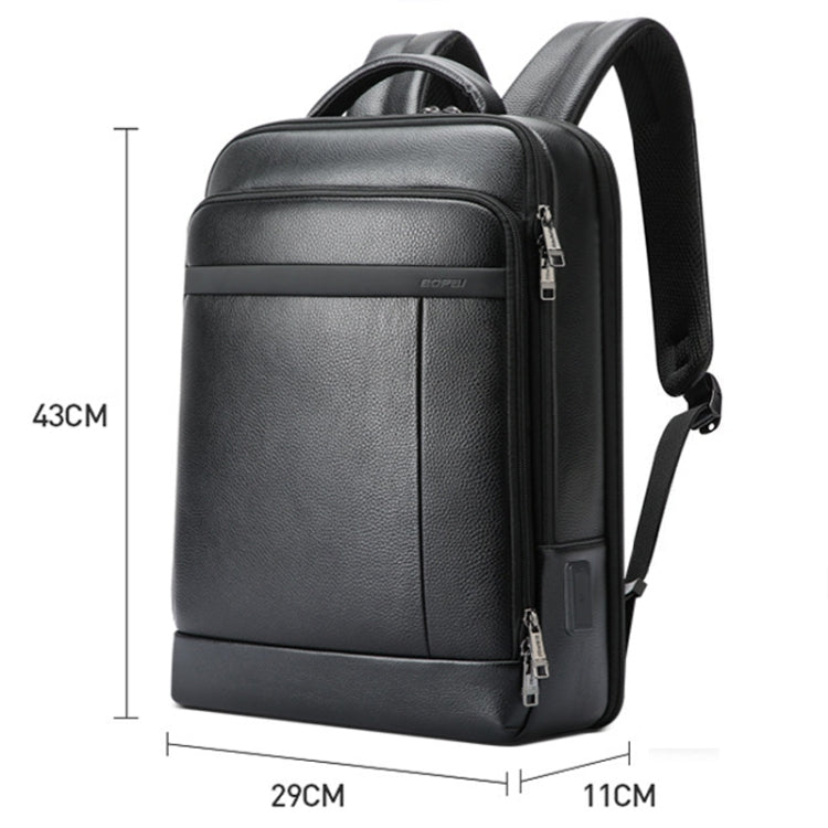 Bopai 61-120761 Large-capacity First-layer Cowhide Business Laptop Backpack With USB+Type-C Port(Black)