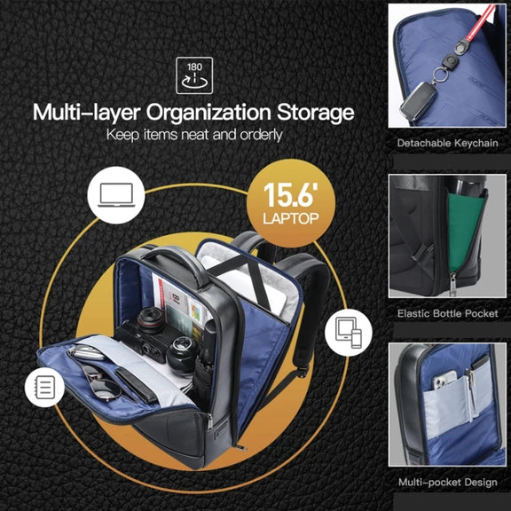 Bopai 61-120761 Large-capacity First-layer Cowhide Business Laptop Backpack With USB+Type-C Port(Black)