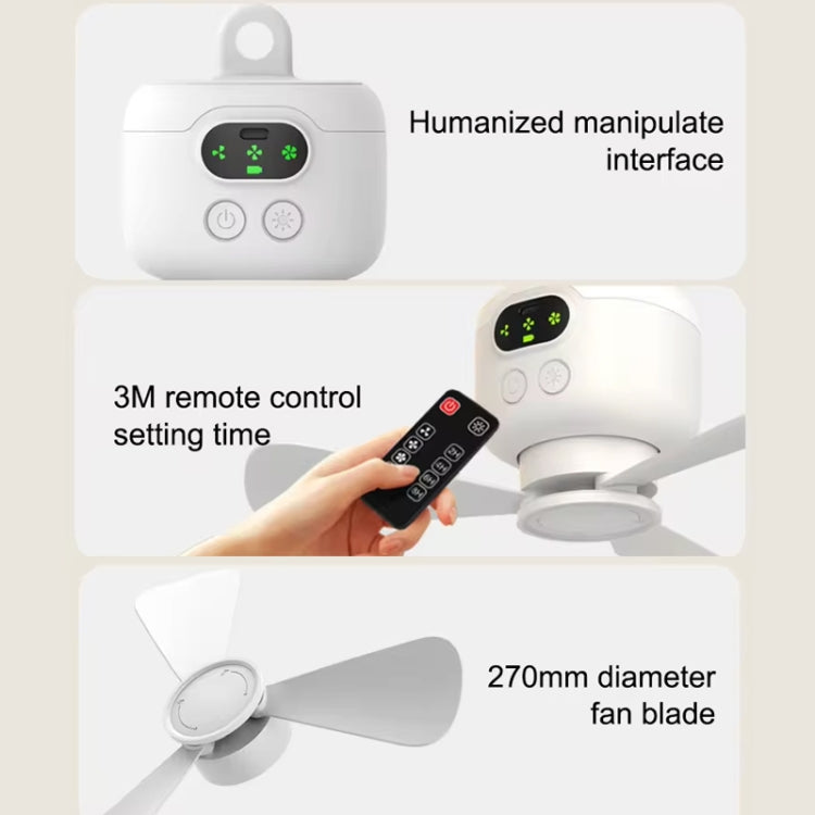 Mini Ceiling Fan Portable Camping Fan With Light &  Remote Built In 8000mAh Battery(White)