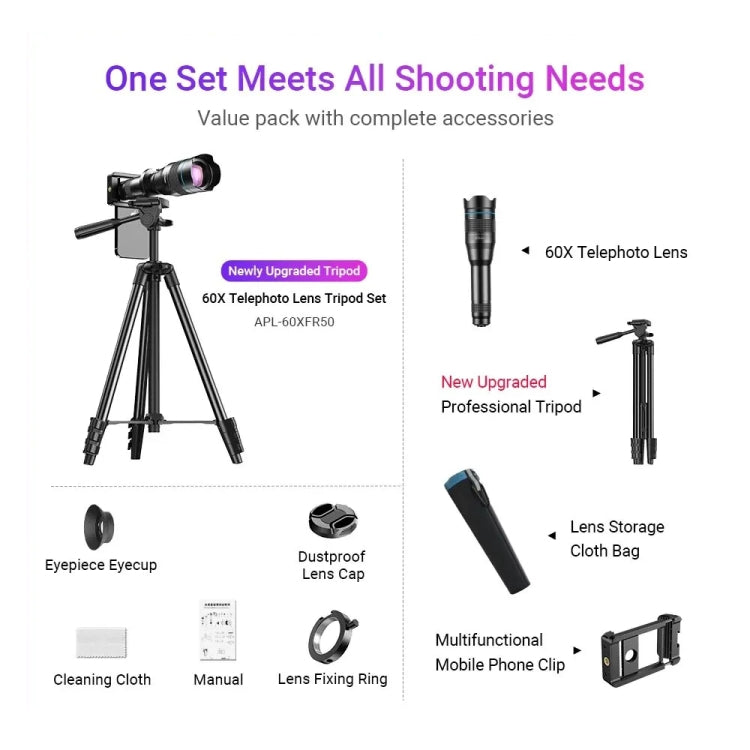 APEXEL 60X Smartphone Telescope Lens With Extendable Tripod Set