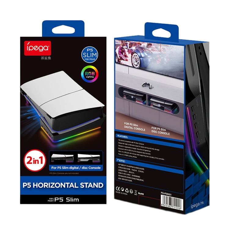 For Sony PS5 Slim IPEGA PG-P5S021 RGB Light Host Horizontal Stand With 4 USB HUBs, Color: White