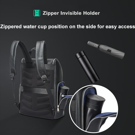 Bopai 61-122431 Large-capacity First-layer Cowhide Business Water-resistant Laptop Backpack(Black)