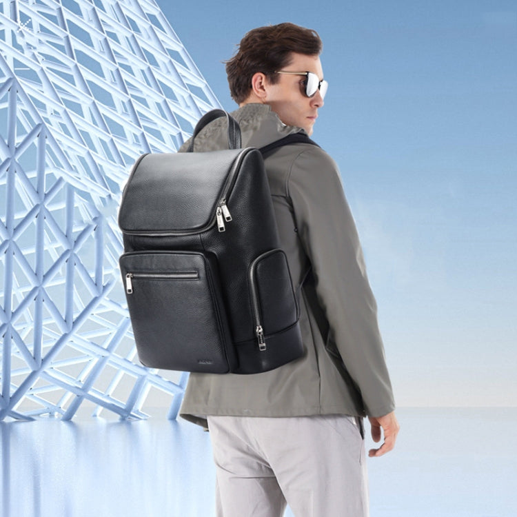 Bopai 61-122431 Large-capacity First-layer Cowhide Business Water-resistant Laptop Backpack(Black)