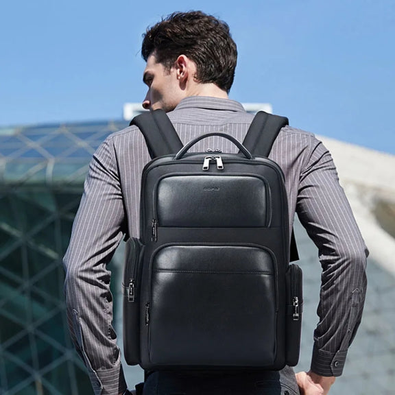 Bopai 61-125031 Large-capacity First-layer Cowhide Business Laptop Backpack With USB+Type-C Port(Black)