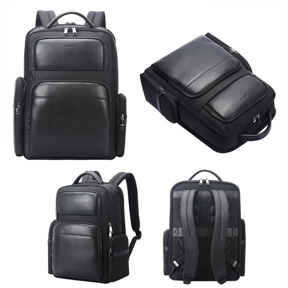 Bopai 61-125031 Large-capacity First-layer Cowhide Business Laptop Backpack With USB+Type-C Port(Black)