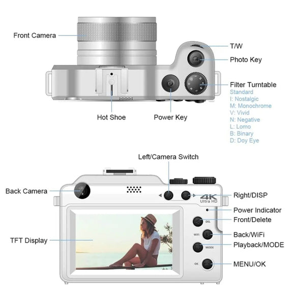 3-Inch Display Digital Camera Dual Front And Rear Cameras 48MP, 18x Digital Zoom 4K HD Camcorder(White)