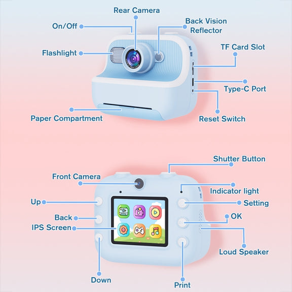 M8 2.4-Inch 1080P HD 2400W Pixel Dual-Camera Children Thermal Printing Camera, Color: Blue+32GB