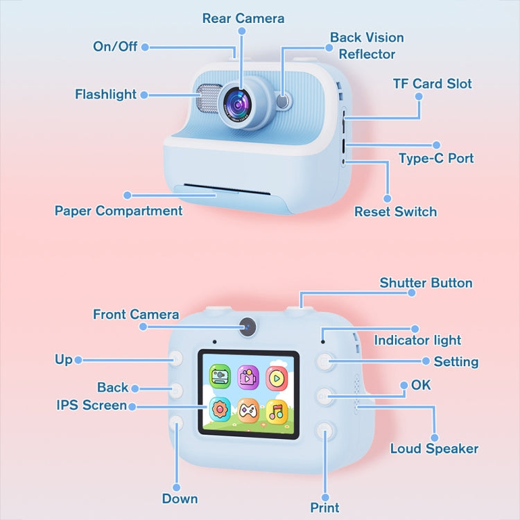 M8 2.4-Inch 1080P HD 2400W Pixel Dual-Camera Children Thermal Printing Camera, Color: Blue