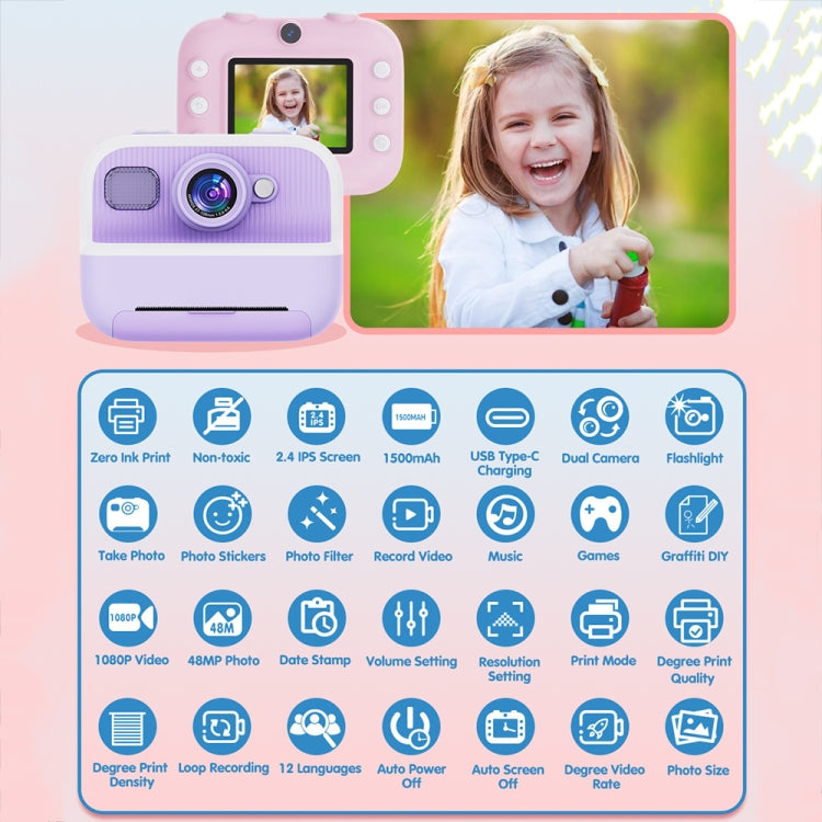 M8 2.4-Inch 1080P HD 2400W Pixel Dual-Camera Children Thermal Printing Camera, Color: Blue