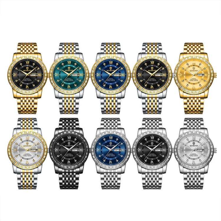 BINBOND B2202 Diamond Dual-calendar Luminous Quartz Watch, Color: Inter-gold-Blue