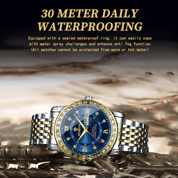 BINBOND B2202 Diamond Dual-calendar Luminous Quartz Watch, Color: Full-gold-Gold