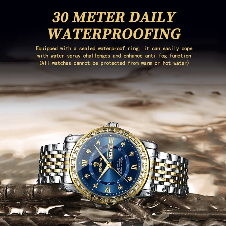 BINBOND B2202 Diamond Dual-calendar Luminous Quartz Watch, Color: Inter-gold-Black