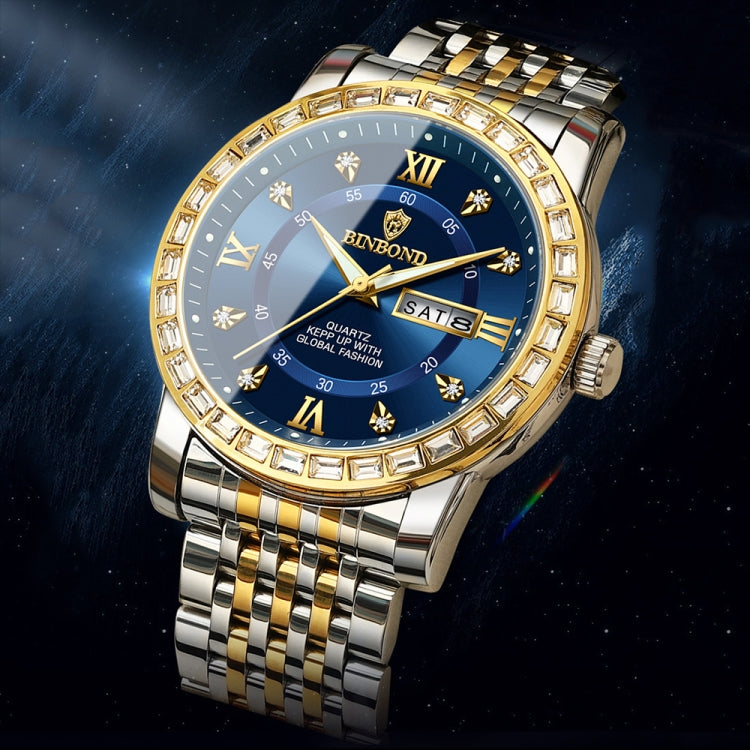 BINBOND B2202 Diamond Dual-calendar Luminous Quartz Watch, Color: Inter-gold-Blue