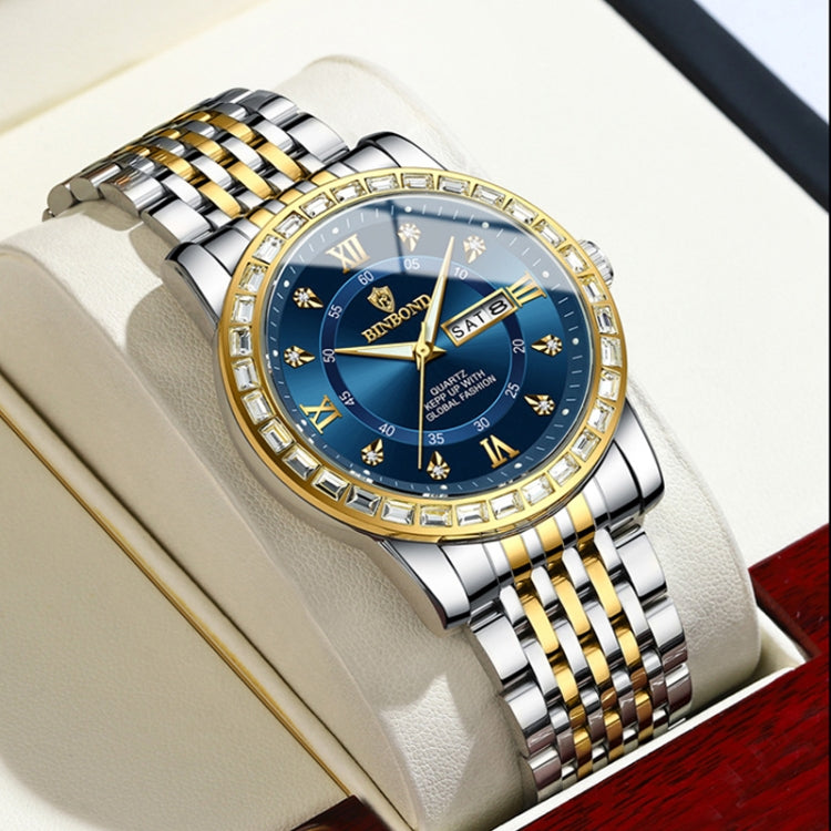 BINBOND B2202 Diamond Dual-calendar Luminous Quartz Watch, Color: Inter-gold-Green