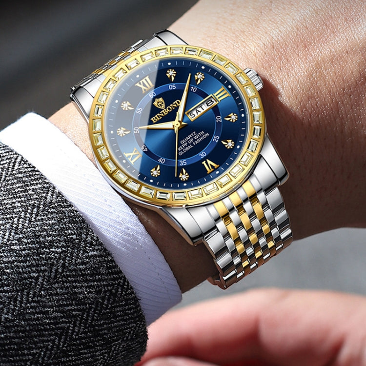 BINBOND B2202 Diamond Dual-calendar Luminous Quartz Watch, Color: Inter-gold-White
