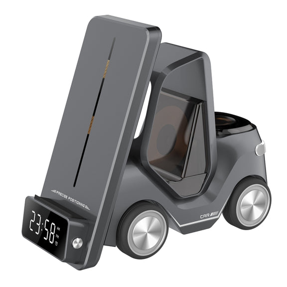 T20 5-in-1 Car-shaped Desktop Alarm Clock Wireless Charger with Atmosphere Light(Gray)