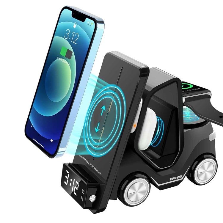 T20 5-in-1 Car-shaped Desktop Alarm Clock Wireless Charger with Atmosphere Light(Gray)