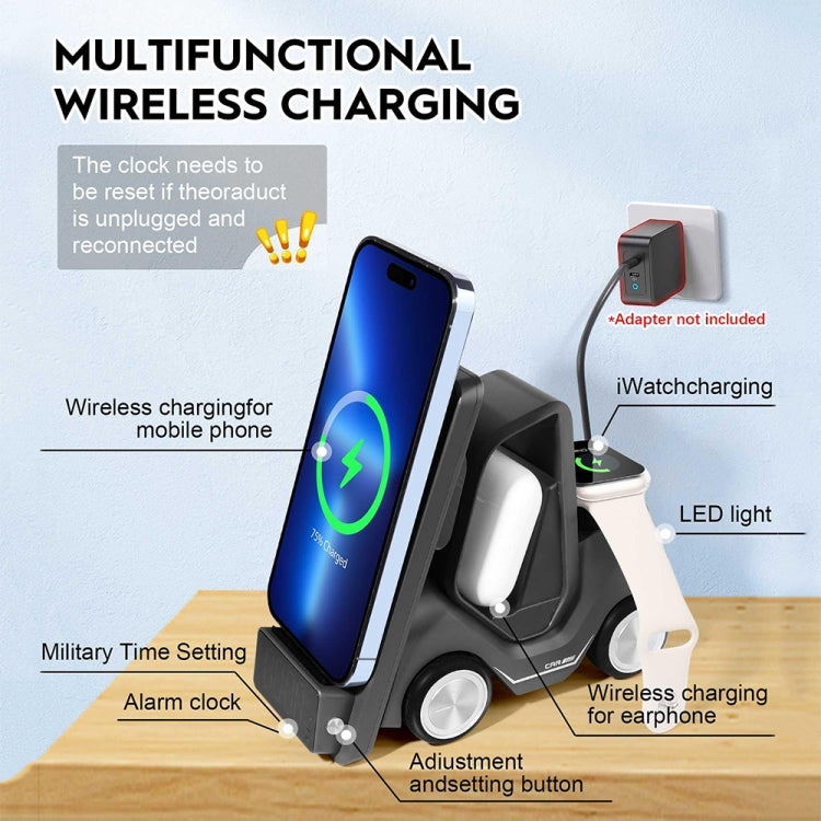 T20 5-in-1 Car-shaped Desktop Alarm Clock Wireless Charger with Atmosphere Light(Gray)