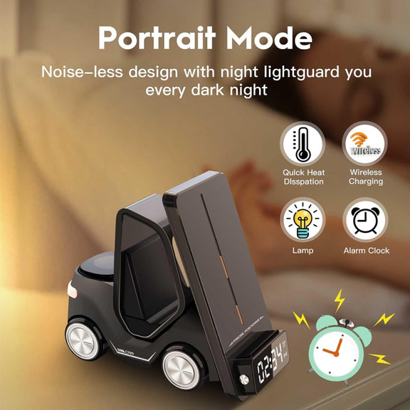 T20 5-in-1 Car-shaped Desktop Alarm Clock Wireless Charger with Atmosphere Light(White)