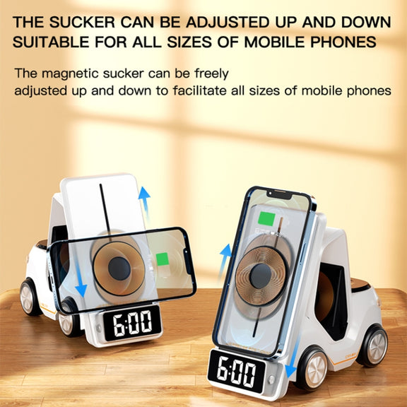 T20 5-in-1 Car-shaped Desktop Alarm Clock Wireless Charger with Atmosphere Light(Gray)