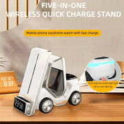 T20 5-in-1 Car-shaped Desktop Alarm Clock Wireless Charger with Atmosphere Light(Gray)