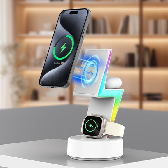 For Apple Series 3 In 1 RGB Light Magsafe Magnetic Mobile Phone Holder Wireless Charger(White)